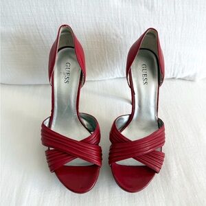 Y2K Red Leather & Wood Platform High Peep Toe Heels